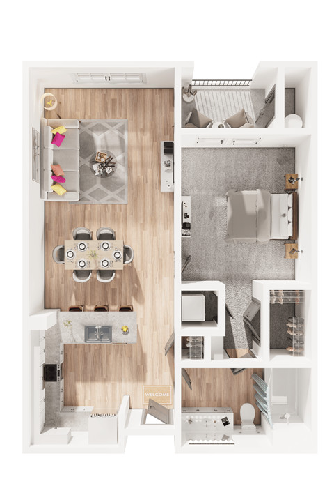 Floor plan for 1 bed, 1 bath, 771 sqft